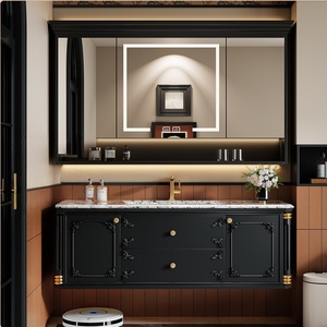 Meuble de salle de bain mural multifonctionnel intelligent avec miroir, vasque en céramique sans joint, panneau en chêne rétro français Gaoding. - Product Image 2
