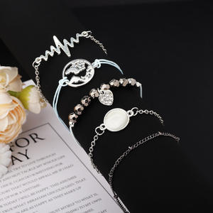 Fashion Jewelry Sets Women's Silver Plated Alloy Bracelets Trendy Heart Beaded Chain Set With <b>Map</b> And Crystal Charms - Product Image 1