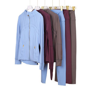 Solid Color Women's <b>Yoga</b> <b>Jacket</b> and Leggings Set in Pink, Beige, and Purple with Zipper Front and Side Pockets - Product Image 5