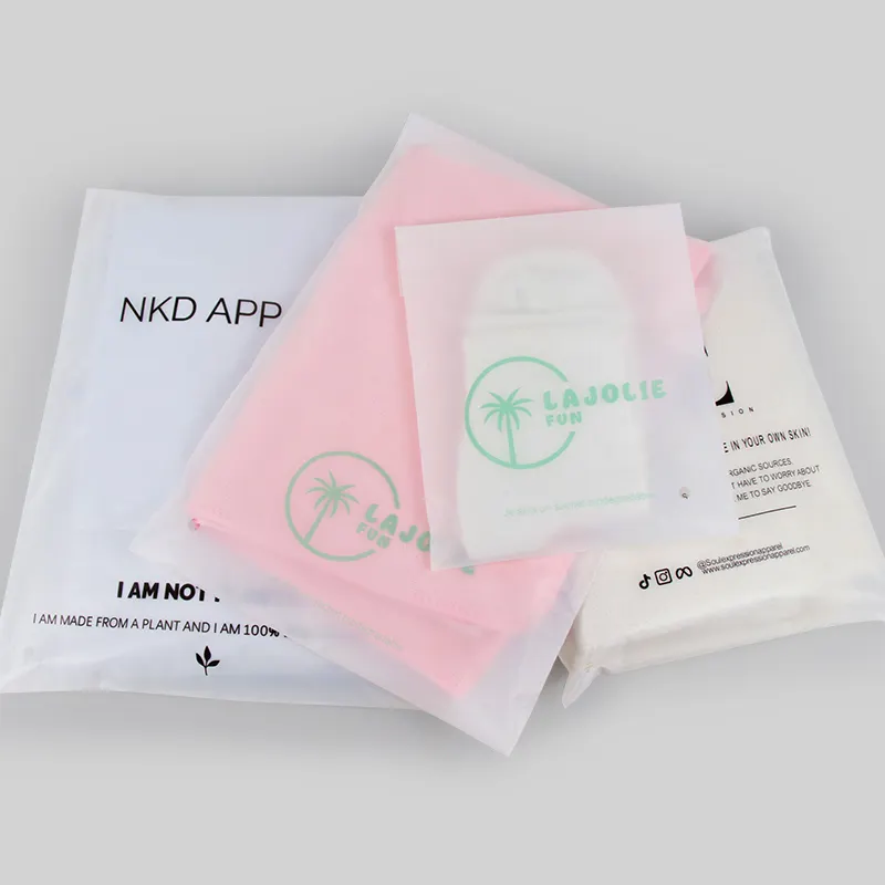 사용자 정의 로고 퇴비 100% 생분해성 투명 젖빛 자체 접착 의류 수영복 의류 포장 비닐 봉투
