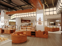 Conception d'intérieur de boulangerie moderne en bois sur mesure, comptoirs et vitrines de présentation de pain en bois, rénovation de boulangerie