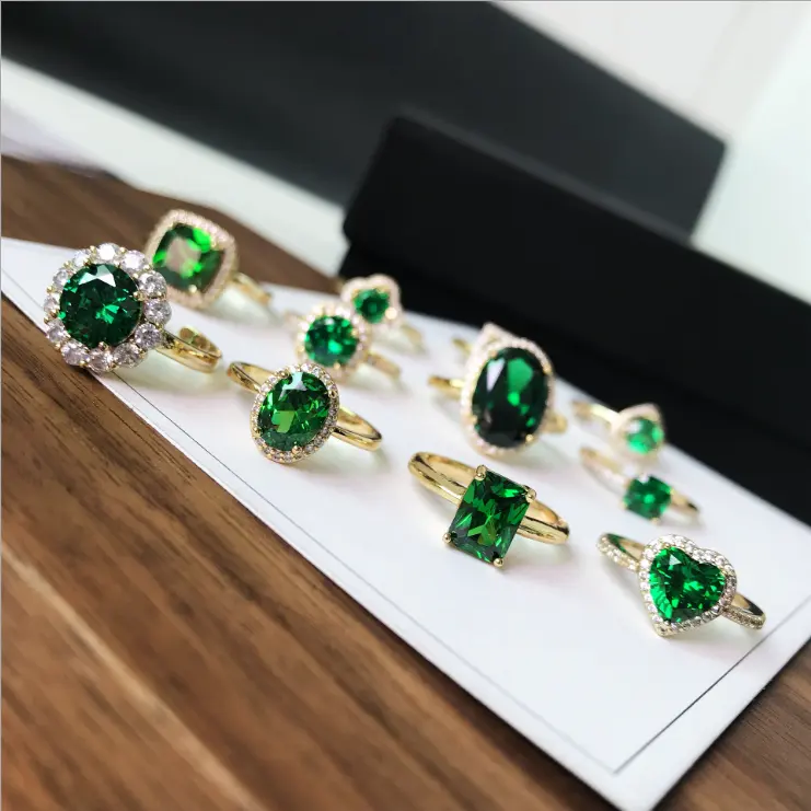 ZY17 Balry japonés, coreano de moda 3A verde circón anillo de imitación de piedras preciosas esmeralda de apertura anillo de oro para las mujeres