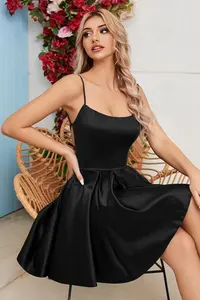 Satén Mini Longitud Homecoming Vestido <span class=keywords><strong>para</strong></span> <span class=keywords><strong>Adolescentes</strong></span> Corto Sin Espalda con Bolsillos Prom Spaghetti Strap Cóctel Negro Vestidos <span class=keywords><strong>de</strong></span> dama <span class=keywords><strong>de</strong></span> honor - Product Image 4