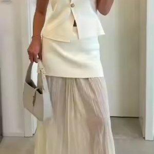 Nouveautés : Ensemble haut court en lin décontracté à revers et jupe longue à taille élastique pour femme, en lin de haute qualité - Product Image 5