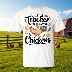 Camiseta unisex con cuello redondo y manga corta con estampado digital de diseño para amantes de los animales de granja, con la frase: Just A Teacher Who Loves Chickens - Product Image 3