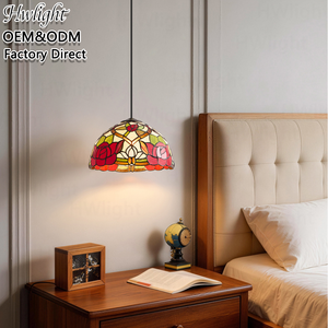 Lampada a Sospensione <span class=keywords><strong>Tiffany</strong></span> Rose in Vetro Colorato, Paralume a Cupola Floreale Rosso, Lampadario in Ferro per Cucina, Sala da Pranzo, Soggiorno, Camera da Letto - Product Image 1