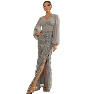 فستان سهرة رسمي طويل الأكمام منتفخ من الشيفون مطرز بالدانتيل للنساء
