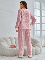 Pyjama d'hiver thermique en flanelle pour femme, 100 % polyester, 220 g, uni, ODM, avec cordon de serrage, col lisse, tricot doux, taille mi-haute, long