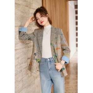 Mier xw1928 Áo blazer nữ công sở giản dị áo khoác kẻ sọc cổ chữ V đầy đủ tay áo chống nhăn/in cá tính - Product Image 3
