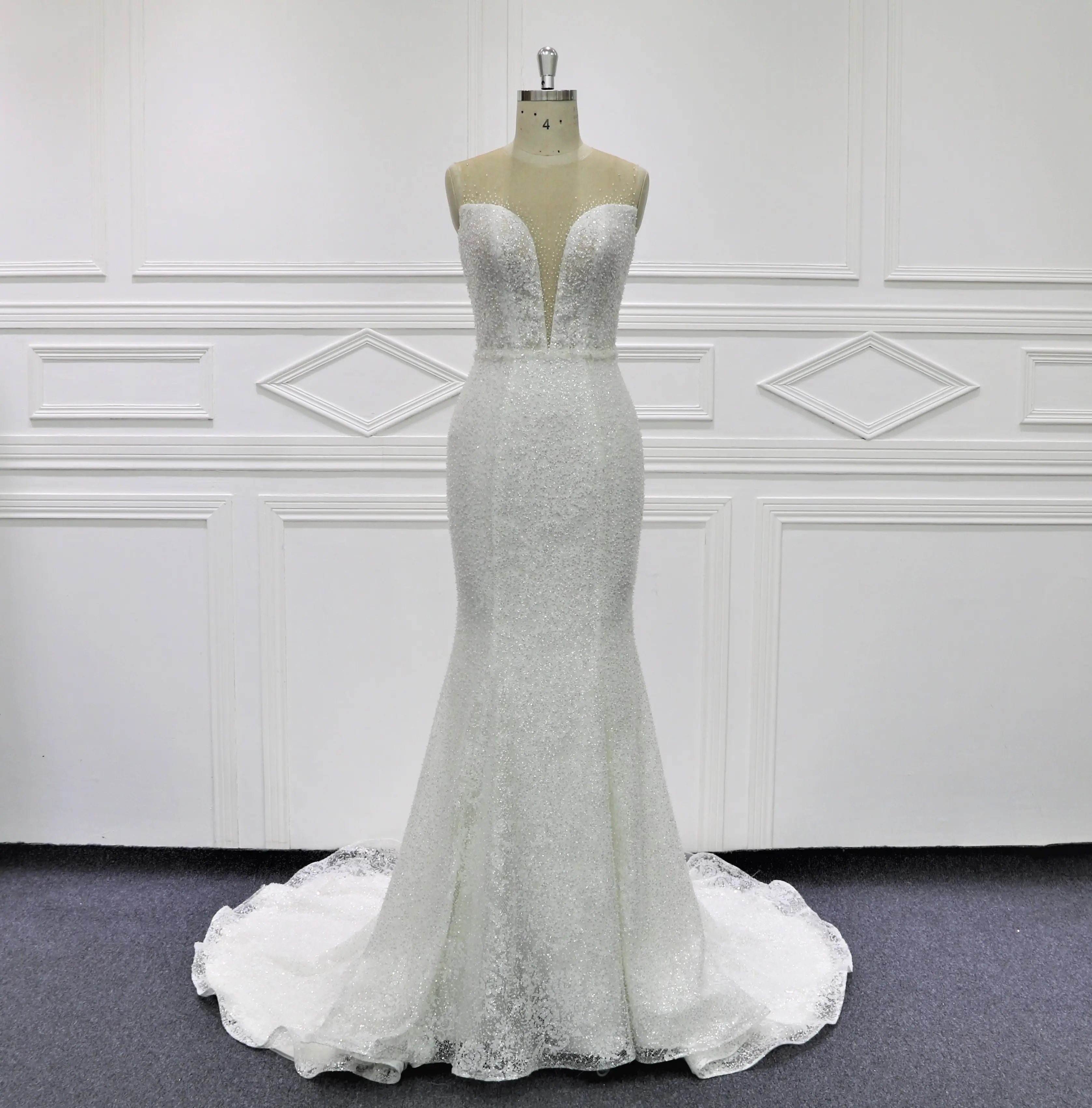 Beaury vestidos de novia de sirena de encaje brillante de alta calidad MK306 ilusión trasera con botones fiesta formal