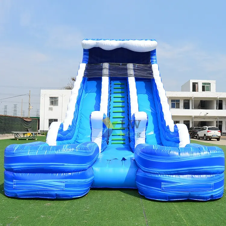 Commercial large jungle jumps blue wave dual lane waterslide inflatable water slide with pool for sale