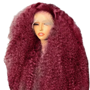 Pelucas de Cabello Humano con Frente de Encaje 13x4, Estilo Bob <span class=keywords><strong>Corto</strong></span> para Mujer Negra, <span class=keywords><strong>Color</strong></span> <span class=keywords><strong>Rojo</strong></span> <span class=keywords><strong>Vino</strong></span> 99J Borgoña, Rizado, Ondulado - Product Image 1