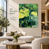 Peinture abstraite de paysage de grotte, vert citron, jaune, gouttes en cascade, bleu sarcelle profond, charbon de bois, peinte gestuellement à la main sur toile