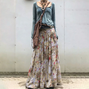 กระโปรงยาวลายดอกไม้ผ้าตาข่ายเอวสูงจีบพลีท กระโปรงยาวบางเบาสำหรับฤดูร้อน สไตล์โบฮีเมียน สวยสง่า - Product Image 1