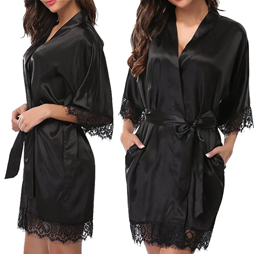 Women Lingerie Sexy Underwear Faux Satin Lace Robe Dress Nightdress Sexy Lingerie Plus Size Bathrobe