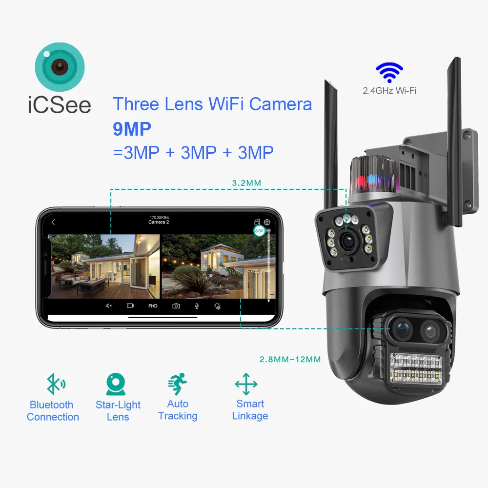 Icsee ba ống kính 8MP 9mp Dome Wifi PTZ máy ảnh 4K với còi báo động nhấp nháy báo động