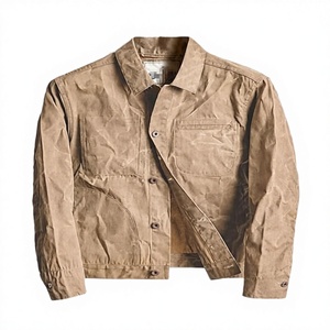 Chaqueta de lona retro para hombre, color caqui, con acabado de cera, bolsillos grandes con cuentas, 100% algodón, informal, de invierno, con cremallera, servicio OEM, cuello alto delgado - Product Image 2