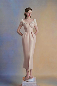 Automne 2025 tendance Satin robe mi-longue femmes élégantes robe de soirée avec manches bouffantes transparentes et appliques florales 3D - Product Image 2