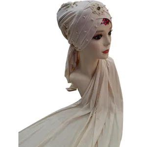 Оптовая продажа 2020, вязаный жемчужный бриллиантовый модный шарф Дубая, Арабский мусульманский тюрбан