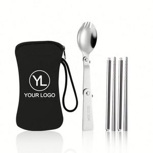 Ensemble de couverts de voyage réutilisables avec logo personnalisé, cuillère-fourchette pliable, baguettes détachables, pochette zippée pour activités promotionnelles - Product Image 1