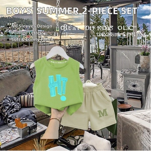 Canotta e Shorts Casual da ragazzo in 2 pezzi senza maniche in morbido misto poliestere e cotone per l'estate - Product Image 3