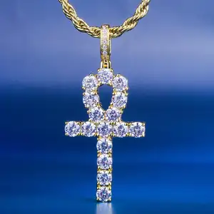 KRKC Drop Shipping 1pcs Service Silver White 14k Gold Plated Ruby Ankh AAAAA CZ Diamond Cross Pendant Necklace