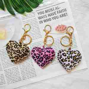 Best-Selling Leopard Print Heart-Shaped Alloy Plated Digital Printing Peach <b>Car</b> Pendant Bag Decoration Keychain - Product Image 1