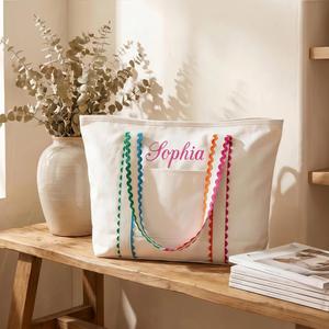 Sac fourre-tout en toile personnalisé avec nom, initiales brodées, forme carrée décontractée, couleur unie, cadeau de demoiselle d'honneur, idéal pour l'été - Product Image 4