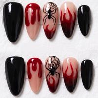 Faux ongles d'Halloween personnalisés, courts, carrés, gothiques, à presser, peints à la main, effet œil de démon, œil de chat, pailletés