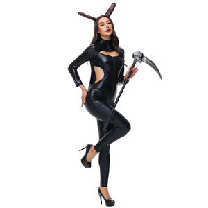 Combinaison de démon en cuir noir pour femme avec cornes et faucille, costume sexy pour Halloween - Product Image 4