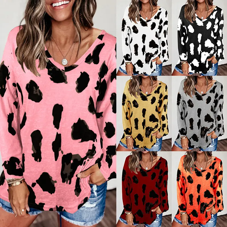 Fashional Women Summer Blouse Casual V-neck Printed Leopard Women Tops Neckline Long Sleeve Shirts
