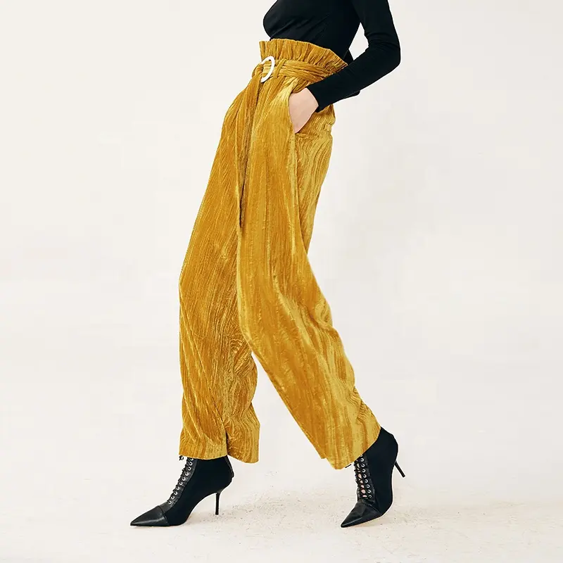 Ruffled new arrivals stylish velvet ladies luxury trousers plus size office women stretchy wide leg suede pants for winter