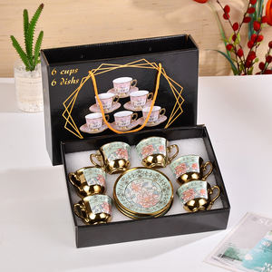 Nouvelle collection 2026 : Coffret cadeau de 6 tasses à thé et soucoupes en céramique écologiques, design européen en relief, avec tasses à café de luxe plaquées or - Product Image 2
