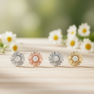 Orecchini a perno classici con fiore per donna, in lega placcata oro con zirconi rotondi incastonati a castone, gioielli regalo, orecchini alla moda - Product Image 2