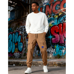 Nouveau pantalon cargo pour homme à poches et cordon de serrage, couleur unie, de Chine, en stock aux États-Unis, ample, décontracté, tendance et polyvalent - Product Image 4