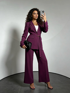 Ensemble <span class=keywords><strong>pantalon</strong></span> deux pièces élégant <span class=keywords><strong>violet</strong></span> foncé avec blazer ceinturé et <span class=keywords><strong>pantalon</strong></span> large plissé pour le bureau – Marque Fangzhijing - Product Image 2