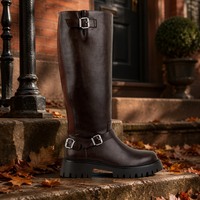 Bottines marron mi-hautes à semelle crantée avec boucle et fermeture éclair latérale pour femme en similicuir