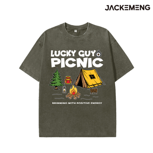 Camiseta Oversize Retro de Estilo Preppy Casual Streetwear con Estampado de Dibujos Animados de Brújula y Pino, Ideal para Camping y Actividades al Aire Libre, Colección LUCKY GUY PICNIC, Edición Local USA - Product Image 2