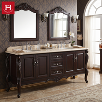 Meuble-lavabo double vasque en bois massif de style américain traditionnel Happy Houses, avec armoire sculptée et comptoir en marbre, idéal pour villas et hôtels