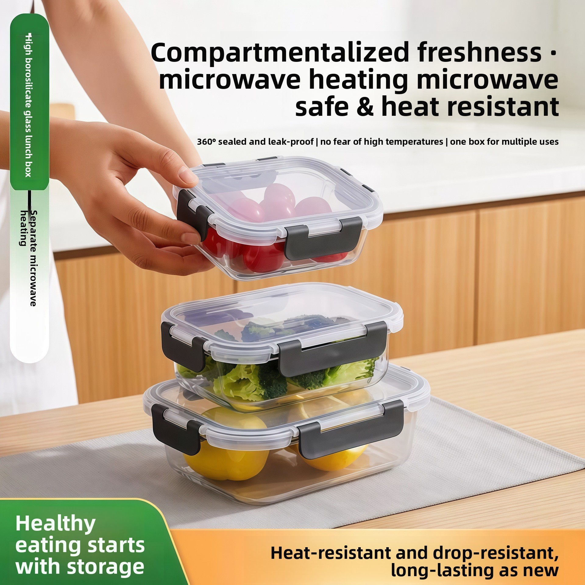 High-borosilicate Glass Food Storage Containers Microwave-safe Heat Resistant Snap-lock Lunch Box Set Portable Airtight Kitchen view 2