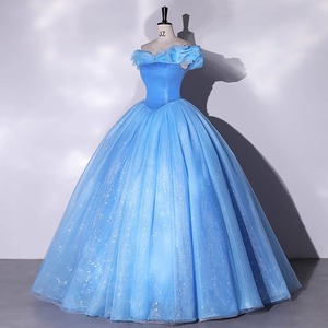 Blue Off The Shoulder Empire Waist Evening Gown Puffy Skirt Wedding Dress - Product Image 3