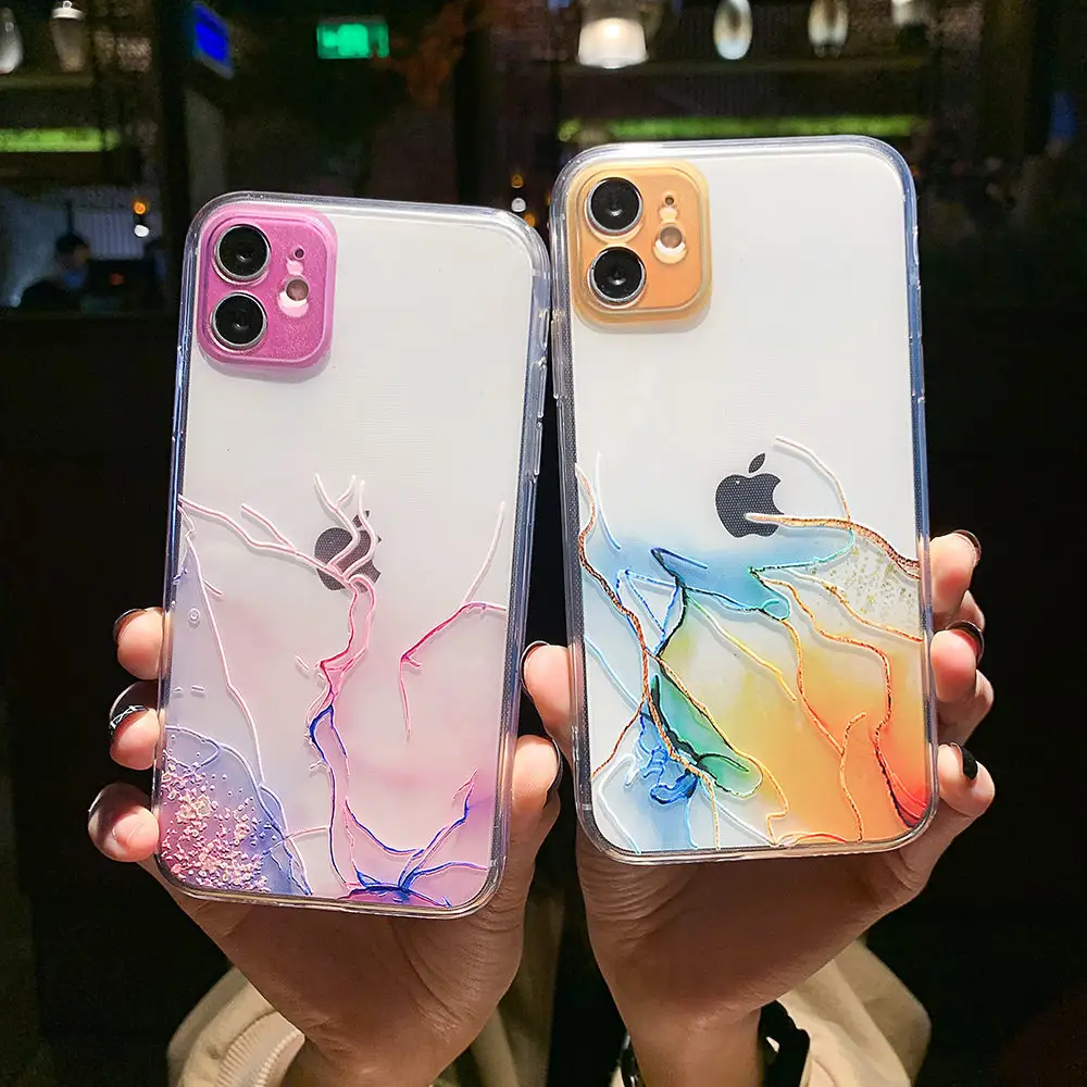 Clear Luxury Marble Gradient Watercolor Painting Design Stylish Girls Women Elegant Phone Case For iPhone 13 12 Mini 11 Pro Max