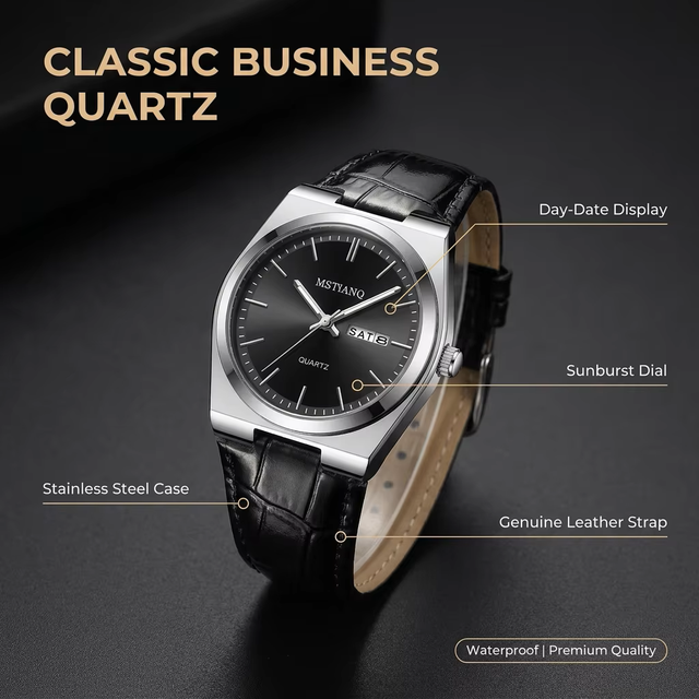 Luxury Men's Business Watch Silver Stainless Steel Case Black Leather Strap Calendar Waterproof Quartz Wristwatch