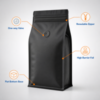 Sac à café noir mat imprimé avec logo personnalisé, valve de dégazage unidirectionnelle, fond plat, pour l'emballage de café en grains entiers