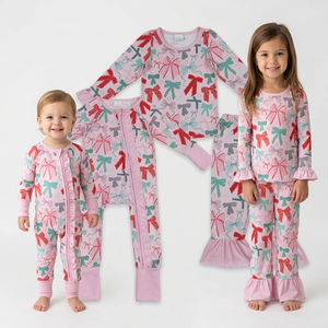 Ensemble de vêtements pyjama à manches longues pour bébé fille, imprimé nœuds de Noël - Product Image 1