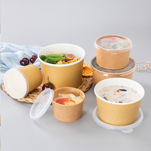 Dùng một lần tùy chỉnh vòng giấy <span class=keywords><strong>kraft</strong></span> trái cây salad bát phân hủy sinh học Takeaway súp mì thức ăn nhanh container giấy bát với nắp - Product Image 4