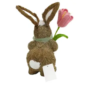 2024 hecho a mano primavera flor conejito decoración Adorable conejo estatuilla con tulipán rosa y lazo de satén