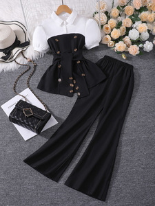 Vêtements d'été pour filles, nouveau haut à manches courtes bouffantes en patchwork + ensemble <span class=keywords><strong>pantalon</strong></span> décontracté à deux pièces - Product Image 3
