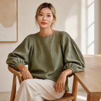 Nouvelle Blouse Décontractée Femme 2026 en Lin Tissé Uni avec Logo Frontal, Col Plissé, Manches Ballon, Coupe Droite et Respirante