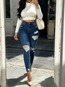 New deep blue high <b>waisted</b> <b>jeans</b> with large holes, women's slim fit <b>jeans</b> with high <b>elasticity</b> and frayed edges - Product Image 1
